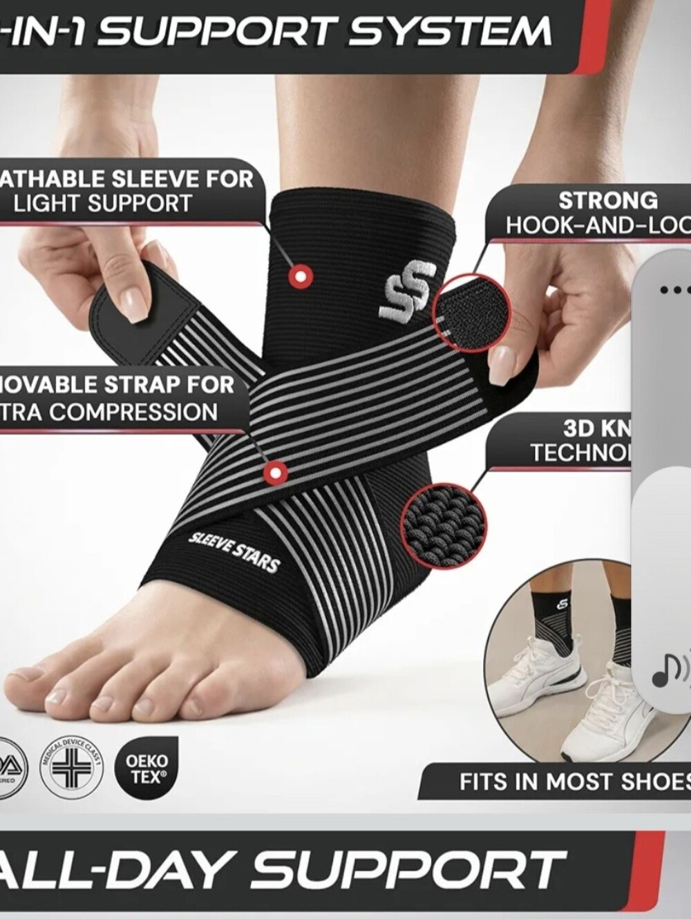 Sleeve Stars Ankle Brace, Compression Sleeve & Support, Woman& Man, Medium